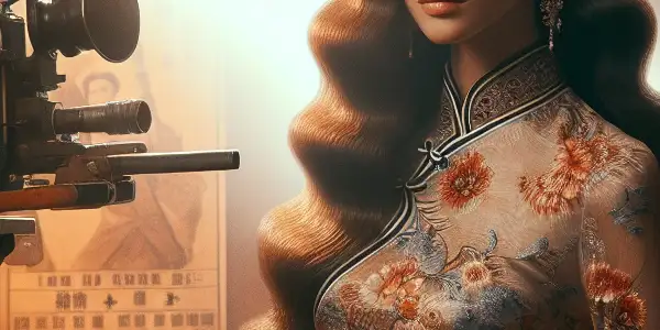 An elegant Hong Kong actress in a vintage film setting, wearing a glamorous traditional Chinese dress.