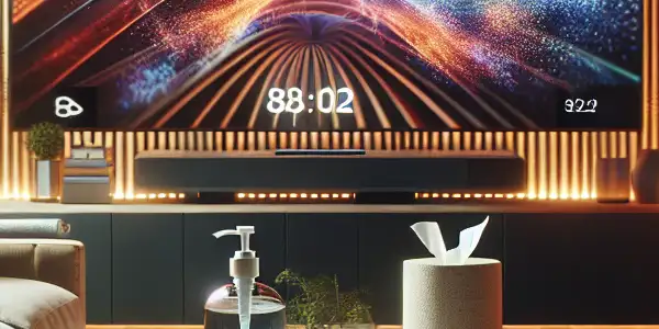 A cozy modern viewing space for adult entertainment, featuring hygiene essentials and abstract visuals on a large screen.