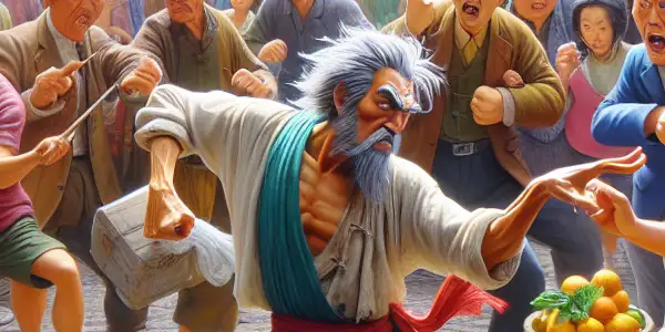 A scruffy protagonist practices "Sleeping Buddha Fist" martial arts in a vibrant Hong Kong market, surrounded by amused onlookers.