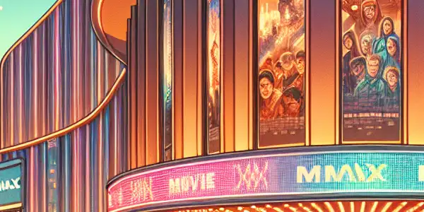 A lively movie theater scene at Wuhu Wanda Movie City, bustling with excited moviegoers and colorful lights at sunset.