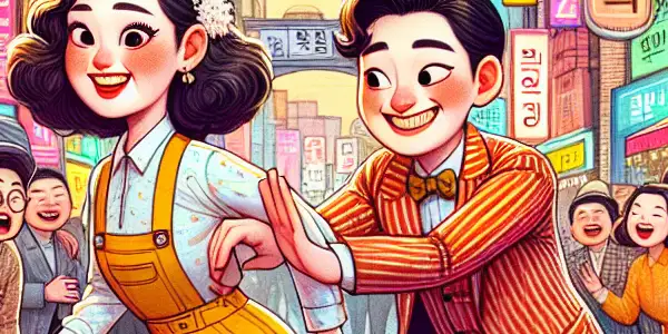 A lively Korean street scene featuring two playful characters engaged in a humorous interaction amidst colorful neon signs.