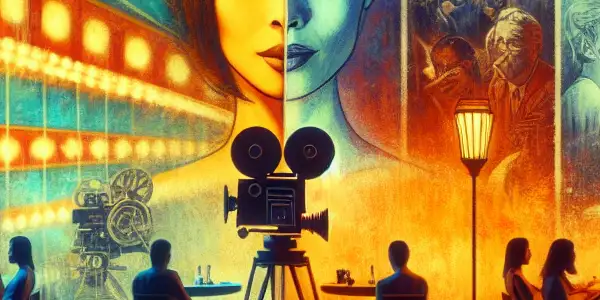A nostalgic film set featuring a retro camera, vibrant posters, and a female lead embodying duality in cinema.