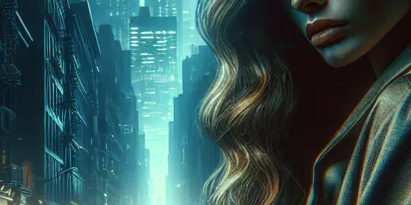 A young woman named Erica stands in a dimly lit urban setting, reflecting her inner turmoil amidst shadowy skyscrapers.