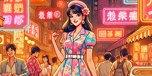 Li Lizhen in a vibrant 1980s Hong Kong street, surrounded by neon lights and nostalgic film motifs.