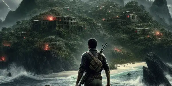A tense confrontation between a rugged protagonist and a wealthy figure on a cliff overlooking a dangerous island.