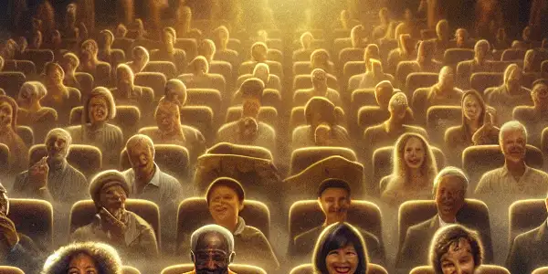 A vintage movie theater scene with diverse audiences enjoying classic and modern films, illuminated marquee, and cozy atmosphere.