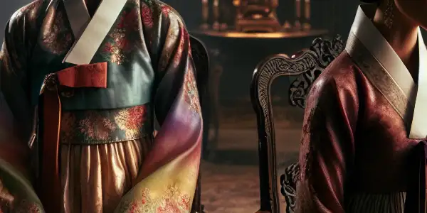 A noblewoman and her handmaiden share an intimate moment in a lavish early 20th century Korean room, hinting at hidden secrets.