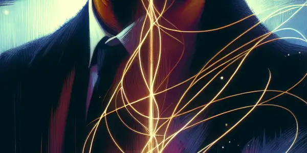 A man and woman in an urban twilight, connected by a thread of light amidst emotional tension and desire.