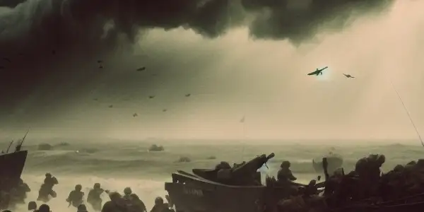 Soldiers storming Normandy beach during D-Day, amidst chaos and stormy skies, embodying sacrifice and bravery.