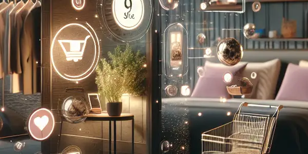 A modern bedroom scene featuring a futuristic tablet displaying adult products in a cozy, inviting atmosphere.