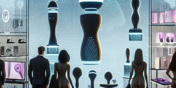 A futuristic adult product store featuring diverse customers, high-tech displays, and a warm, inviting atmosphere.