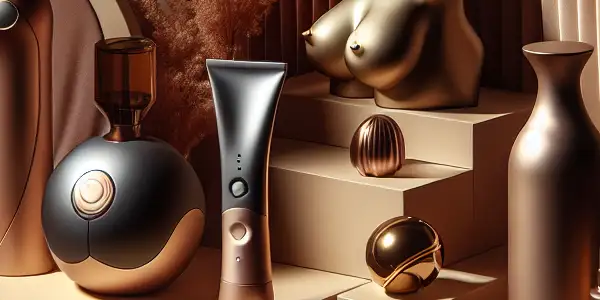 A tasteful display of luxurious adult products arranged on a plush surface, evoking intimacy and comfort.