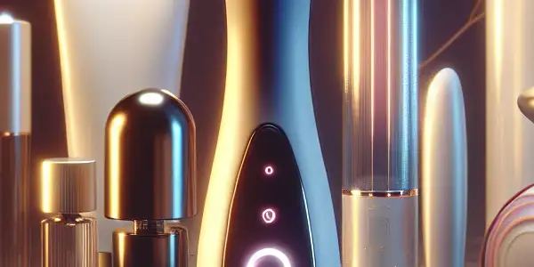 A sleek, modern smart vibrator surrounded by innovative enhancement products in a warm, intimate setting.