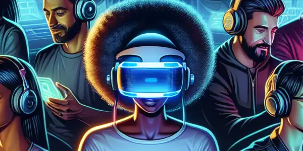 A futuristic virtual reality scene with users engaging in interactive tasks in a high-tech, neon-lit environment.