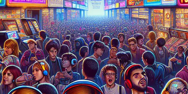 A bustling marketplace filled with diverse people enjoying classic video game memorabilia and vibrant discount promotions.