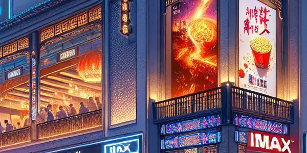 A lively Nanjing cinema exterior with neon lights, crowds, and a modern design blending traditional elements.