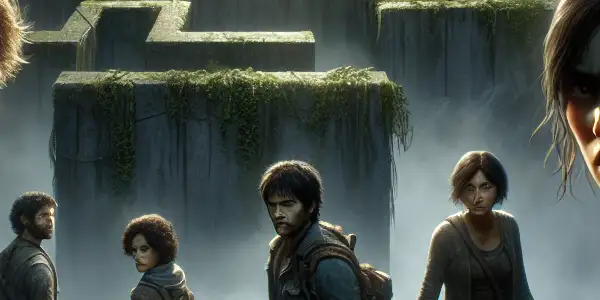 A group of diverse young characters strategizes their escape in a vast, eerie maze shrouded in fog.