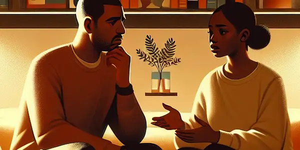 A couple engages in a heartfelt conversation on a cozy couch, surrounded by symbols of growth and understanding.