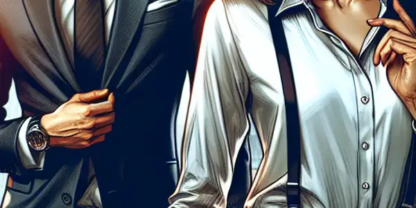 A powerful female boss interacts with her captivated subordinate in a modern, light-filled office.