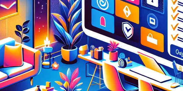 A cozy home office with a computer displaying a secure online adult content platform, symbolizing trust and privacy.