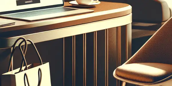 A cozy home interior featuring a laptop displaying an adult shopping website, with tea and tasteful product hints.