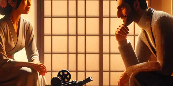 A cozy, softly lit Japanese room with two characters sharing an intimate moment, surrounded by traditional decor.