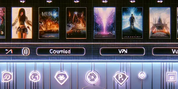 A futuristic digital platform showcasing adult film genres with a focus on safety, privacy, and user-friendly navigation.