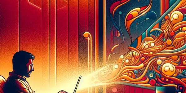 A cozy, dimly-lit room with a person in an armchair, focused on a laptop displaying abstract visuals.