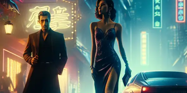 A vibrant urban nightlife scene depicting characters transitioning to the adult entertainment industry, blending allure and tension.