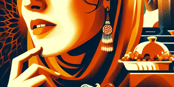 A woman in an elegant kitchen contemplates amid a beautifully set dinner table and a shadowy figure watching her.