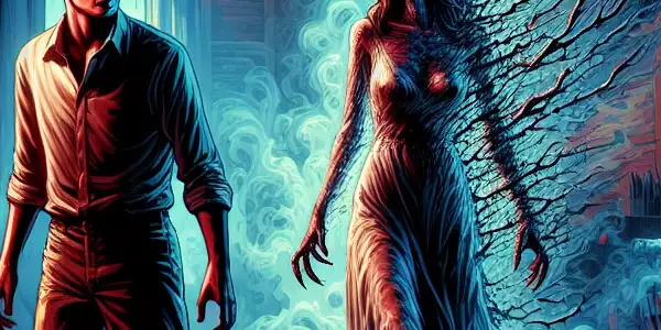 A dark urban apartment scene depicting a distressed man and his eerily transforming wife, embodying marital crisis and supernatural struggle.
