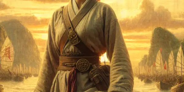 A determined young woman in traditional peasant attire stands on a tranquil shore, with a fishing village backdrop.