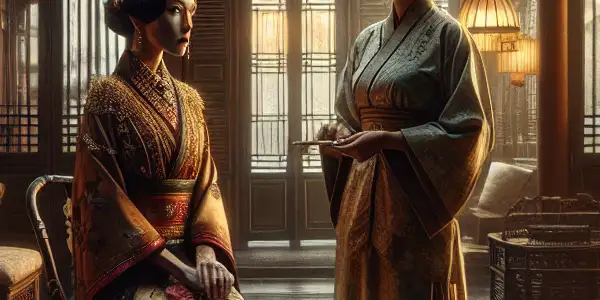 A mysterious upper-class woman and her clever handmaiden share an intense gaze in a lavish 1930s Korean estate.