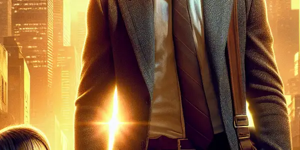 A father and son stand hand in hand in a bustling city at sunset, embodying perseverance and hope.