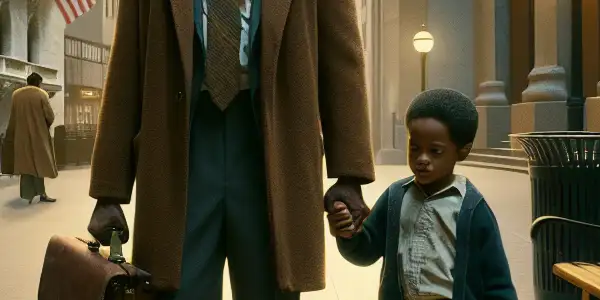 A determined father and son walk hand in hand on a bustling urban street, symbolizing hope and resilience.