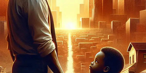 A determined father and son stand hand in hand in a bustling city, symbolizing hope and perseverance.