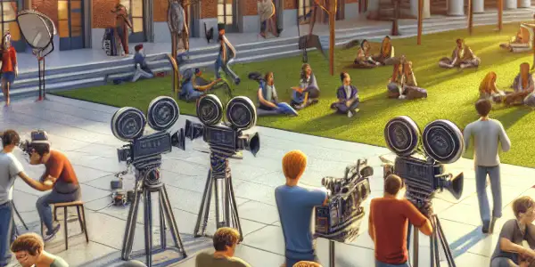 Students at Chongqing University Meishi Film Academy engaged in film production amidst modern architecture and lush greenery.