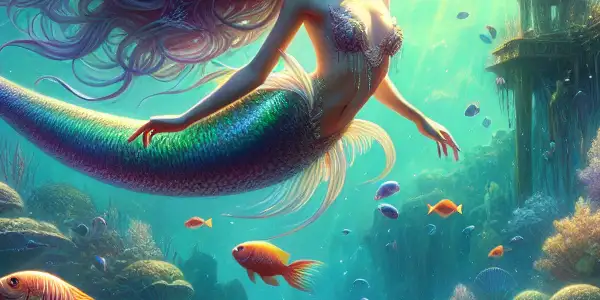 A beautiful mermaid swimming among vibrant coral reefs, surrounded by colorful fish and hints of an underwater kingdom.