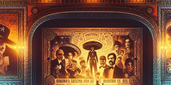 A vibrant Mexican theater scene featuring film enthusiasts, vintage movie posters, and cultural motifs celebrating cinema and identity.