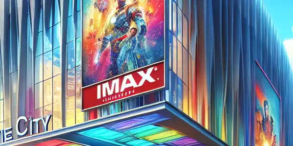 A modern cinema in Mianyang bustling with families, featuring a cheerful family discussing films outside vibrant movie posters.