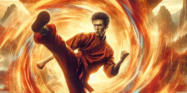 A young monk performs an impressive kick in a traditional Shaolin temple, surrounded by vibrant energy and dramatic scenery.