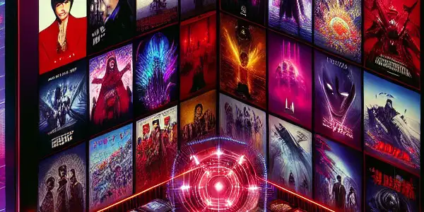 A futuristic virtual platform showcasing Japanese adult film posters with neon lighting and elements of privacy.