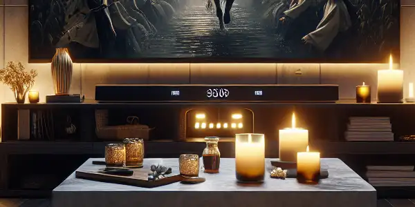 A cozy living room featuring a high-definition screen displaying a vibrant adult film scene and an elegant lubricant bottle.