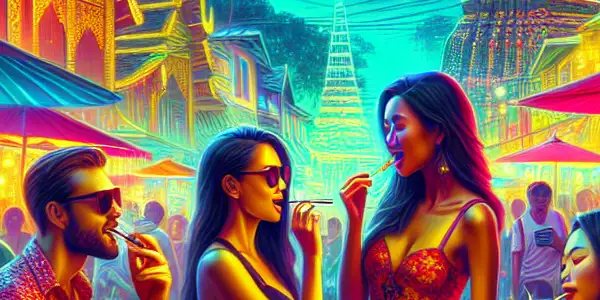 A lively night scene in an exotic Thai city, featuring young adults in tropical attire engaged in vibrant conversation.