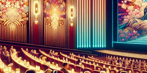 A vibrant cinema scene featuring diverse patrons, plush seating, and abstract visuals, inspired by Japanese adult entertainment.