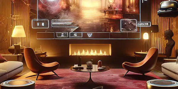 A modern living room showcasing premium adult entertainment with interactive technology and subtle Japanese cultural motifs.
