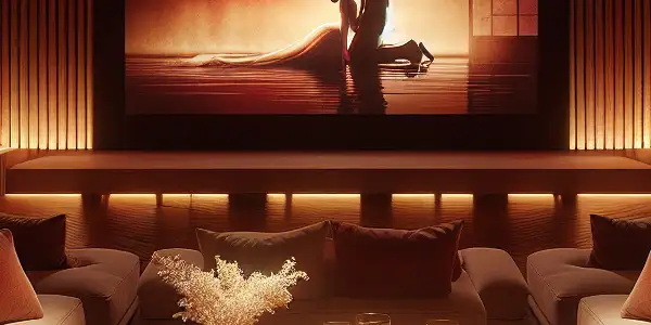 A cozy home theater featuring a romantic silhouette on screen, adorned with tasteful adult film posters and elegant decor.
