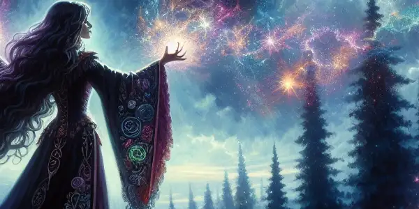 A powerful witch casting a spell in a mystical, moonlit forest filled with magical energies and enchanting creatures.