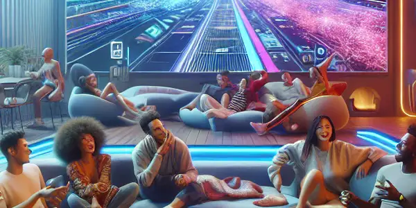 A diverse group of friends enjoying a high-tech, vibrant living room entertainment session with modern furniture and colorful visuals.