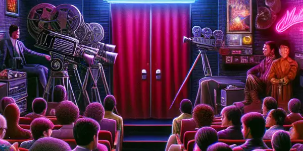 A retro movie theater scene celebrating 1980s and 1990s Japanese adult film culture with vibrant fashion and neon lights.